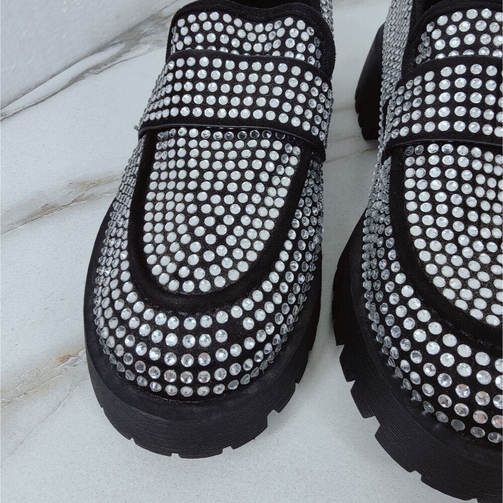 Bamboo Miranda Black Rhinestone Platform Lug Sole Chunky Loafers, 7.5 - Picture 10 of 11
